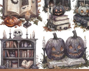 水彩画のハロウィン本クリップアート集、不気味な本棚のクリップアート、頭蓋骨、カボチャ、本っぽいクリップアート、ペーパークラフト、ジャンクジャーナル、スクラップブッキング