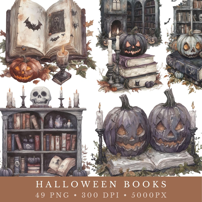 May include: A watercolour illustration of Halloween-themed books, pumpkins, candles, and a skull. The open books display spooky imagery, with bats and spiders. The colour palette includes shades of orange, purple, and brown, creating a festive and eerie atmosphere.