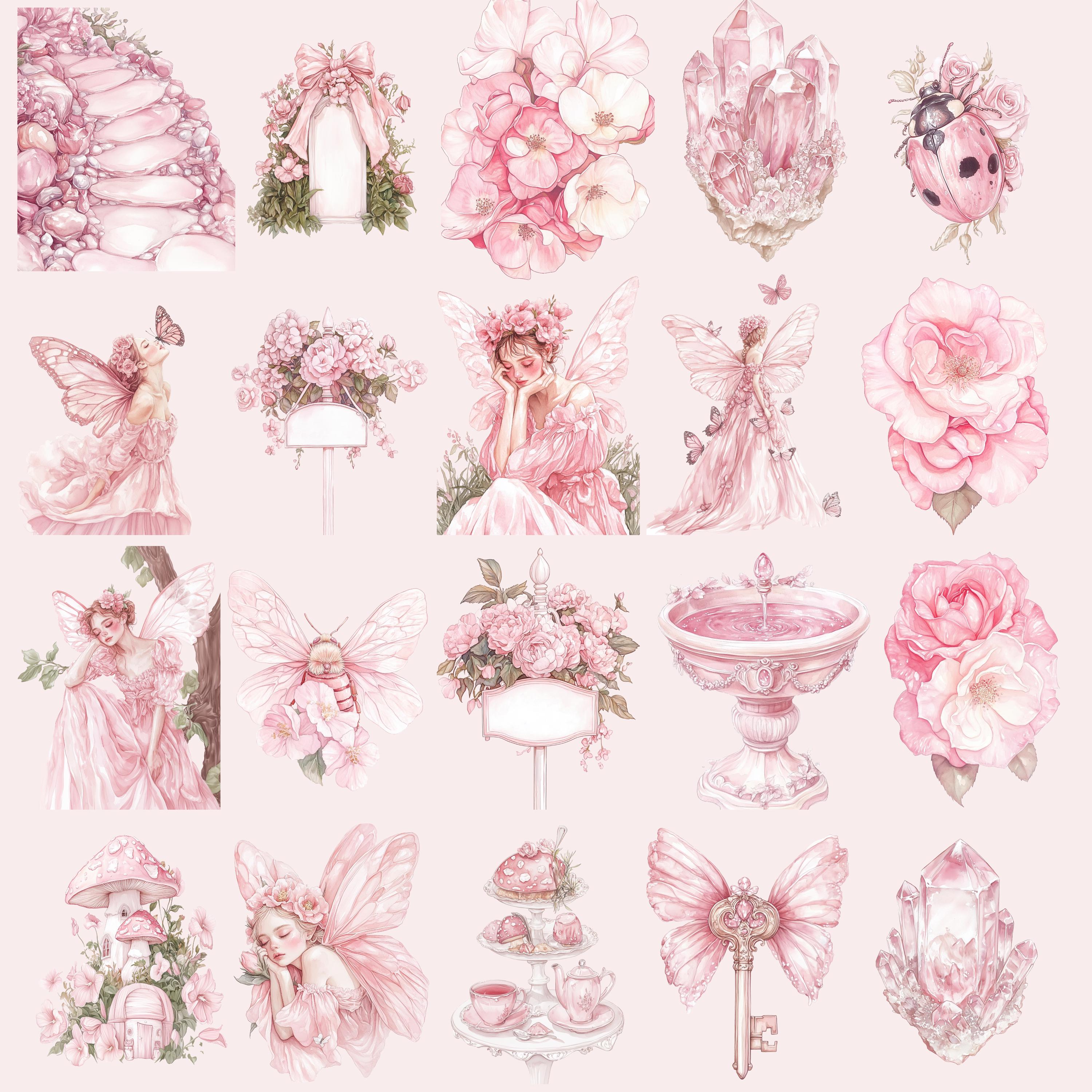 Pink Watercolor Fairy Garden Clipart Bundle, Magical Spring Garden ...