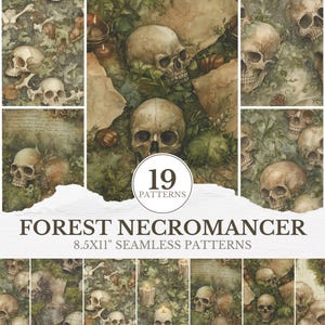 May include: A collage of 19 seamless patterns featuring skulls and foliage in a watercolor style. The patterns are in shades of green, brown, and beige. The text "FOREST NECROMANCER" and "8.5x11" SEAMLESS PATTERNS" are displayed.
