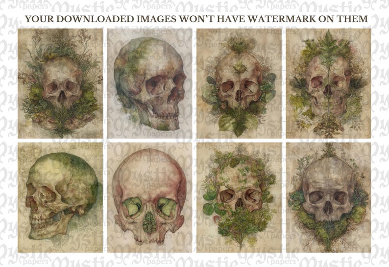 May include: A collection of eight watercolor illustrations of human skulls, each with unique variations in color and detail. Some skulls are adorned with botanical elements, set against a vintage paper background. The text "YOUR DOWNLOADED IMAGES WON'T HAVE WATERMARK ON THEM" is visible.