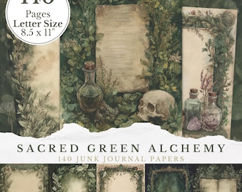 Herbalist Junk Journal Blank Pages, Green Witch Grimoire Paper, Herbal Magic Scrapbooking Writing Cards, Apothecary Digital Paper Greenery
