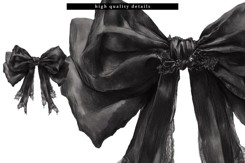 Peut inclure: Un grand n&oelig;ud en satin noir avec un plus petit n&oelig;ud en satin noir attach&eacute; &agrave; l'extr&eacute;mit&eacute; des longues queues. Le n&oelig;ud est nou&eacute; avec une garniture en dentelle noire.