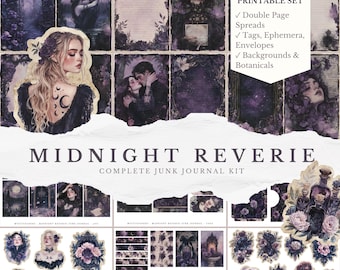 Könnte beinhalten: Ein druckbares Junk-Journal-Kit namens "Midnight Reverie" in Dunkelviolett- und Cremetönen. Das Kit enthält 50 Seiten mit Doppelseiten, Tags, Umschlägen, Hintergründen und botanischen Designs. Die Illustrationen zeigen Frauen, Paare und florale Muster.