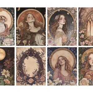 May include: A collection of eight watercolor art prints. The prints feature a variety of subjects, including portraits of women, a rabbit, floral arrangements, and architectural elements. The color palette includes soft pastels, earth tones, and touches of gold.