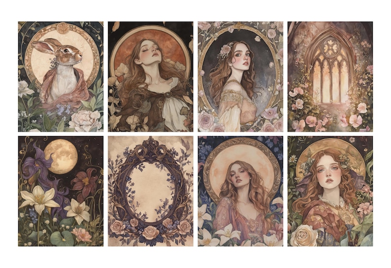 May include: A collection of eight watercolor art prints. The prints feature a variety of subjects, including portraits of women, a rabbit, floral arrangements, and architectural elements. The color palette includes soft pastels, earth tones, and touches of gold.