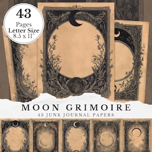 May include: A collection of vintage-style journal papers with a celestial theme. Each page has a circular frame with a crescent moon and botanical details. The papers are letter size, 21.6 x 27.9 cm, and the set includes 43 pages. The text reads "Moon Grimoire".