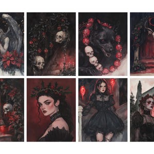 May include: A collection of eight gothic-themed art prints. The watercolor illustrations feature dark imagery, including skulls, angels, and figures in black attire. The color palette is dominated by deep reds and blacks, creating a dramatic and mysterious aesthetic.