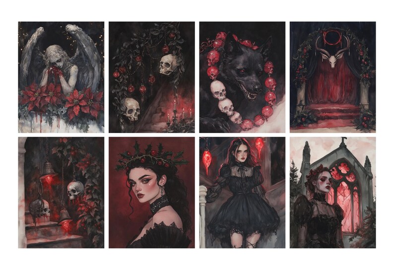 May include: A collection of eight gothic-themed art prints. The watercolor illustrations feature dark imagery, including skulls, angels, and figures in black attire. The color palette is dominated by deep reds and blacks, creating a dramatic and mysterious aesthetic.