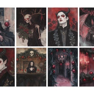 May include: A collection of eight gothic-themed art prints. Each print features a dark, red, and black color palette with subjects including figures with horns, skeletons, and bats, all adorned with Christmas ornaments and decorations.
