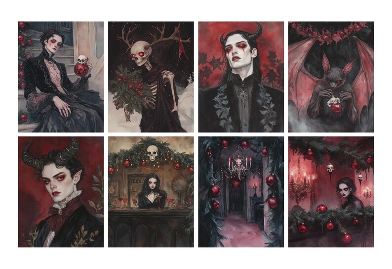 May include: A collection of eight gothic-themed art prints. Each print features a dark, red, and black color palette with subjects including figures with horns, skeletons, and bats, all adorned with Christmas ornaments and decorations.