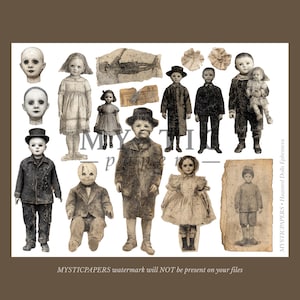 May include: A collection of vintage-style doll images, featuring various antique dolls and children in sepia tones. The images include full-body figures, doll faces, and a few with accessories. The overall theme is haunted dolls and ephemera.