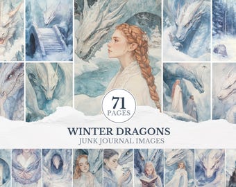 May include: A collection of watercolor images featuring dragons and fantasy scenes. The images are predominantly in shades of blue and white, with a central image of a woman with red hair. The text "Winter Dragons Junk Journal Images" is displayed.