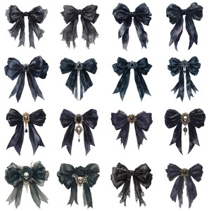 Peut inclure: Vingt n&oelig;uds en satin noir avec divers ornements, dont des cr&acirc;nes, des bijoux et de la dentelle. Les n&oelig;uds sont dispos&eacute;s en rang&eacute;es sur un fond blanc.