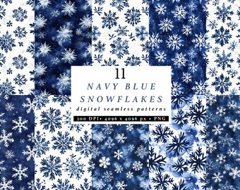 Navy Blue Watercolor Snowflake Seamless Winter Pattern, Printable Junk Journal Paper, Snow Flake Scrapbooking Background, Digital Craft