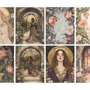 May include: A collection of eight watercolor art prints featuring ethereal women, floral arrangements, and architectural elements. The color palette includes soft pinks, greens, and golds, creating a romantic and whimsical aesthetic. The prints evoke a sense of fantasy and beauty.
