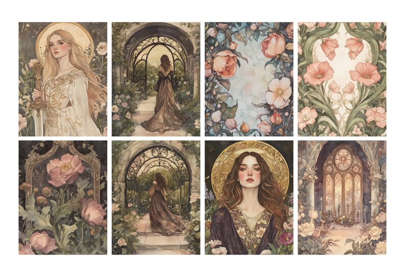 May include: A collection of eight watercolor art prints featuring ethereal women, floral arrangements, and architectural elements. The color palette includes soft pinks, greens, and golds, creating a romantic and whimsical aesthetic. The prints evoke a sense of fantasy and beauty.
