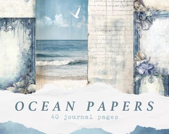 Printable Ocean Junk Journal Pages, Nautical Beach Scrapbooking Paper, Coastal Blue Sea Backgrounds, Shabby Seashore Digital Paper
