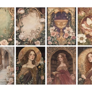 May include: A collection of eight watercolor art prints featuring romantic, vintage-style illustrations. The prints depict scenes with flowers, ornate frames, and portraits of women, in a soft, muted color palette.