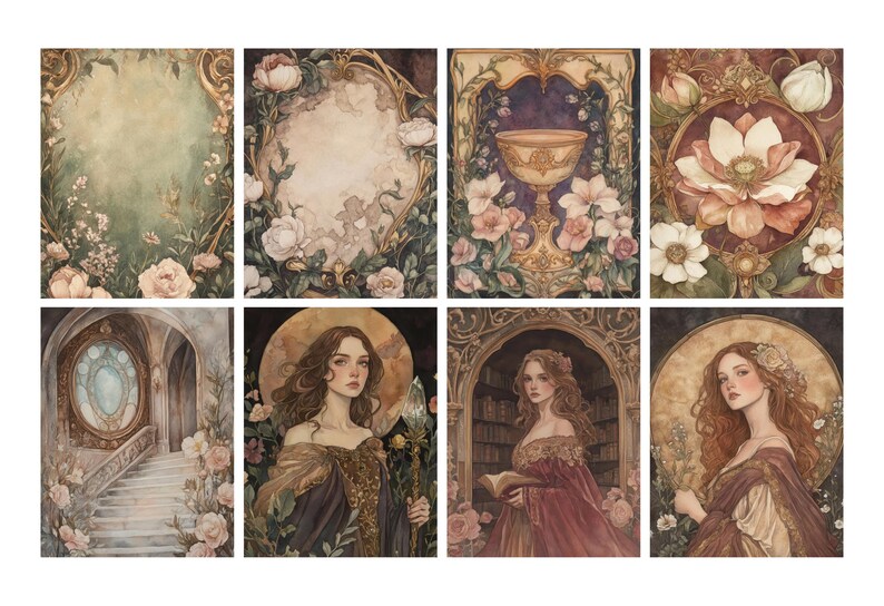 May include: A collection of eight watercolor art prints featuring romantic, vintage-style illustrations. The prints depict scenes with flowers, ornate frames, and portraits of women, in a soft, muted color palette.