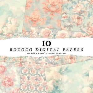 Rococo bloemen digitaal papier, lichtblauwgroen en roze bloem barok afdrukbaar scrapbookingpapier, kunstcollagevel, regentschap Papercraft Supplies