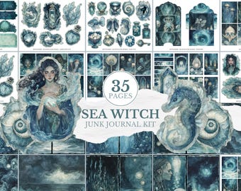 Sea Witch Junk Journal Kit, Ocean Witch Scrapbook Ephemera, Dark Mermaid Paper Craft Set