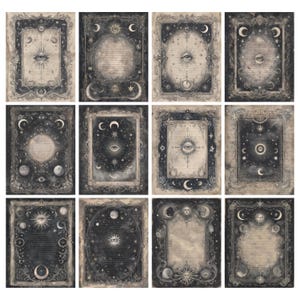 May include: A collection of twelve vintage-style paper sheets with celestial and mystical designs. Each sheet features ornate frames, moons, stars, and an eye symbol. The color palette is primarily black, white, and gray, creating a gothic aesthetic.