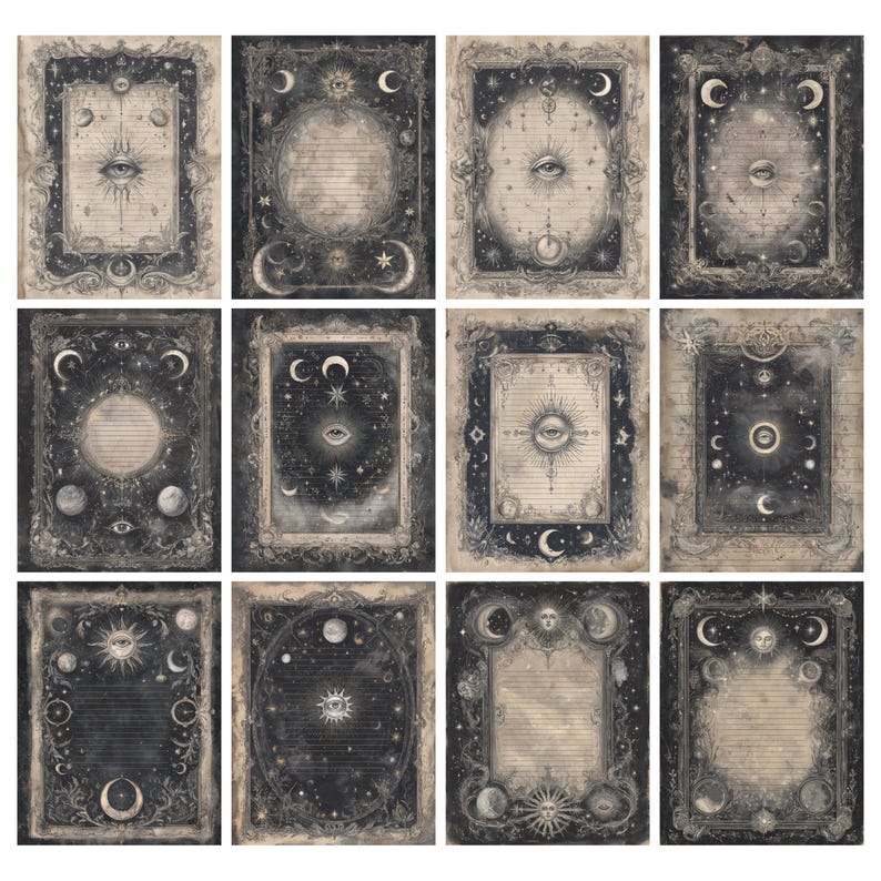 May include: A collection of twelve vintage-style paper sheets with celestial and mystical designs. Each sheet features ornate frames, moons, stars, and an eye symbol. The color palette is primarily black, white, and gray, creating a gothic aesthetic.