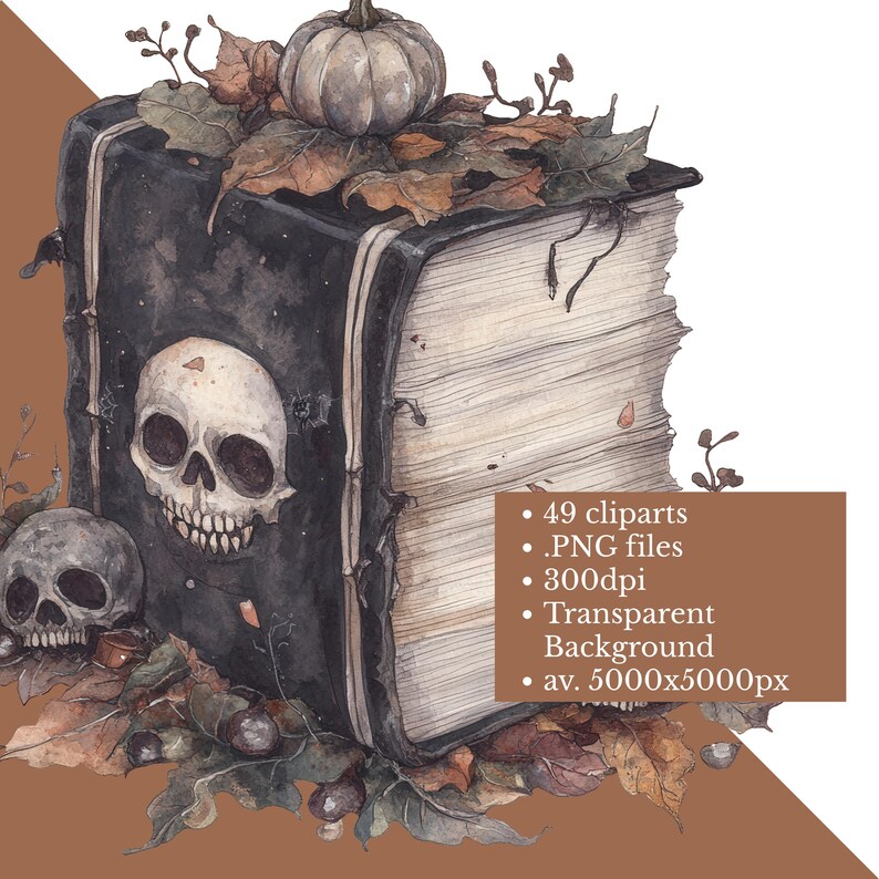 May include: A watercolour illustration of a large, antique book with a skull on the cover, decorated with autumn leaves, a small pumpkin, and a smaller skull. The image includes text: 49 cliparts, .PNG files, 300dpi, Transparent Background, av. 5000x5000px.