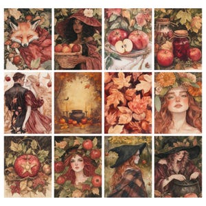 May include: A collection of watercolor art prints featuring autumnal themes. The prints showcase a fox, women with apples, still life with apples, a couple, fall leaves, witches, and a cauldron. The color palette includes shades of red, orange, and brown.
