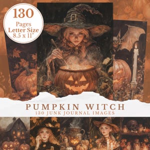 Könnte beinhalten: Eine Sammlung von Halloween-Themen-Junk-Journal-Bildern. Die Bilder zeigen eine Hexe mit einem Kessel, Kürbissen und einer Fledermaus. Der Text auf dem Bild lautet "130 Pages Letter Size 8.5 x 11" und "Pumpkin Witch 130 Junk Journal Images."