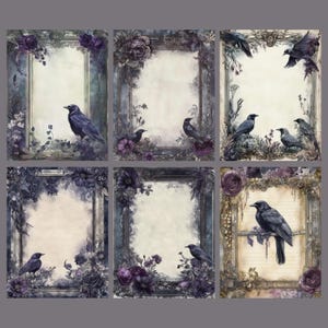 Op de afbeelding: Zes digitale, afdrukbare scrapbook-papieren met sierlijke frames met paarse bloemen, wijnstokken en zwarte vogels. De papieren hebben een vintage, gotische uitstraling.