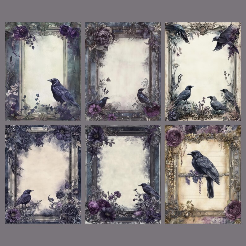 Op de afbeelding: Zes digitale, afdrukbare scrapbook-papieren met sierlijke frames met paarse bloemen, wijnstokken en zwarte vogels. De papieren hebben een vintage, gotische uitstraling.