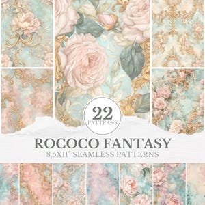 以下が含まれることがあります： ロココファンタジーをテーマにした22種類のシームレスパターン。ピンク、ピーチ、ゴールドの色合いの水彩画の花柄が、ターコイズブルーの背景に描かれています。「ROCOCO FANTASY」と「8.5x11" SEAMLESS PATTERNS」の文字が表示されています。