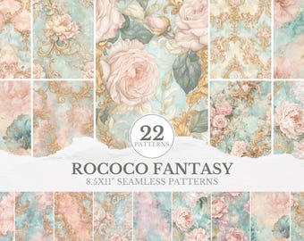 ロココ調ファンタジーシームレスパターン、ヴェルサイユパステルロココ調デジタルペーパー、エレガントな花柄ダマスクプリント、シャビーシックな背景