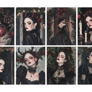 May include: A collection of eight watercolor portraits of women in gothic attire, adorned with dark makeup and accessories. The images feature Christmas decorations, including ornaments and garlands, creating a dark holiday theme.