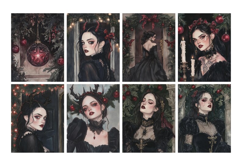 May include: A collection of eight watercolor portraits of women in gothic attire, adorned with dark makeup and accessories. The images feature Christmas decorations, including ornaments and garlands, creating a dark holiday theme.