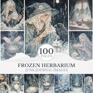 May include: A collection of watercolor illustrations with a mystical theme. The images feature ethereal figures, botanical elements, and a raven, all in a cool, muted color palette. Text reads "Frozen Herbarium Junk Journal Images" with "100 Pages" in a circle.