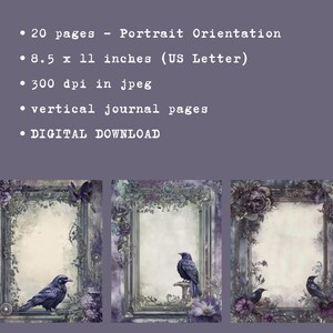 Op de afbeelding: Drie digitale journaalpagina's met een vintage esthetiek. Elke pagina heeft een donkergrijs, versierd frame met een witte achtergrond, paarse bloemen en een zwarte vogel. De tekst "DIGITAAL DOWNLOADEN" is zichtbaar onderaan de afbeelding.