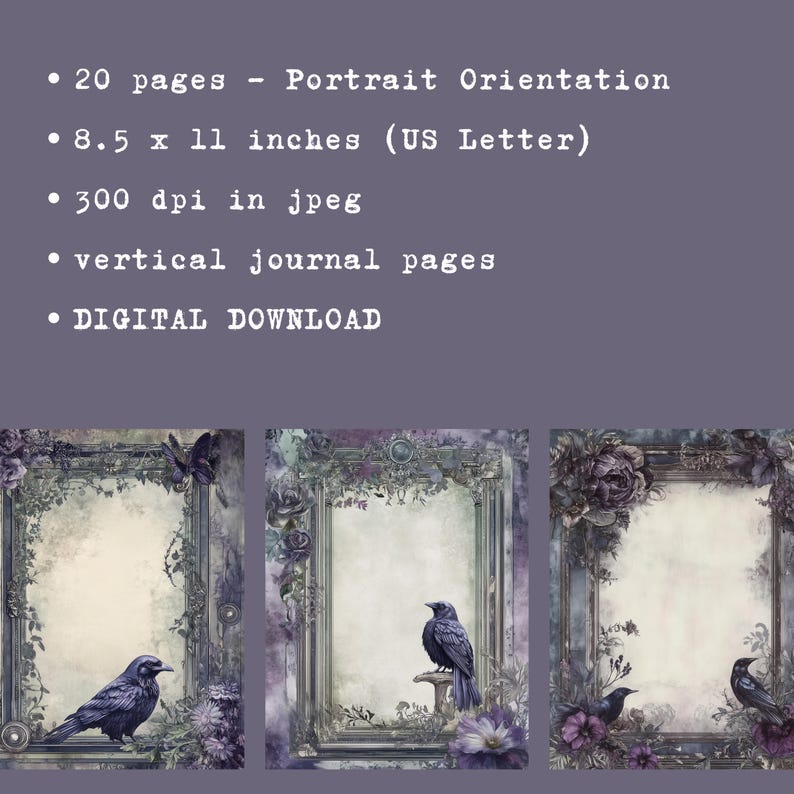 Op de afbeelding: Drie digitale journaalpagina's met een vintage esthetiek. Elke pagina heeft een donkergrijs, versierd frame met een witte achtergrond, paarse bloemen en een zwarte vogel. De tekst "DIGITAAL DOWNLOADEN" is zichtbaar onderaan de afbeelding.