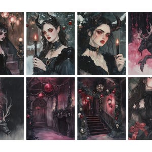 May include: A collection of eight gothic-themed art prints. The images feature women with dark makeup and attire, holding candles or in ornate settings. Other images include a stag and decorated interiors, all in a dark, moody color palette.