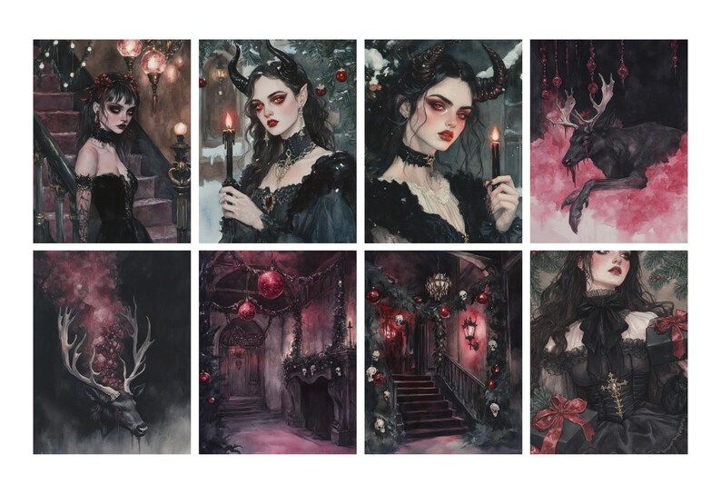 May include: A collection of eight gothic-themed art prints. The images feature women with dark makeup and attire, holding candles or in ornate settings. Other images include a stag and decorated interiors, all in a dark, moody color palette.