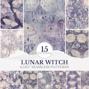 Månfjäril sömlösa mönster, häxig nyckfull eterisk Cottagecore sömlös mönsteruppsättning, pastell månbelyst botanisk kakelmönster