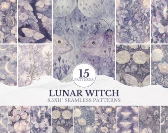 May include: A collection of 15 seamless patterns in shades of purple and white, featuring moths, moons, and floral elements. The text "Lunar Witch" and "8.5x11" Seamless Patterns" are displayed. The patterns have a watercolor style.