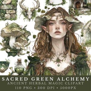 Clipart de Alquimia Verde Sagrada, PNG de Magia Herbal, Arte Botânica de Bruxa da Floresta, Boticário Místico, Adesivos Digitais de Fantasia, Coisas Efêmeras