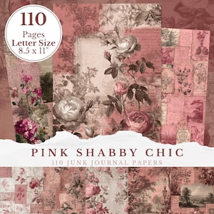 Papier rose shabby chic vintage, pages florales éphémères, pages de scrapbooking imprimables, feuilles de collage ancien, journal numérique indésirable, support féminin