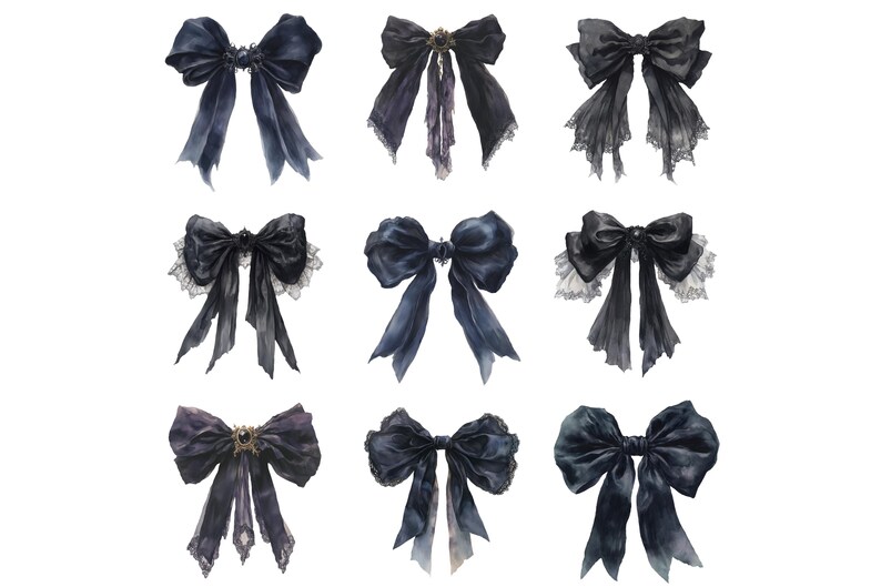 Peut inclure: Neuf n&oelig;uds en satin noir avec des garnitures en dentelle et des embellissements vari&eacute;s. Les n&oelig;uds sont dispos&eacute;s en trois rang&eacute;es de trois.