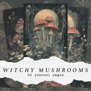 May include: Three journal pages featuring illustrations of red and white spotted mushrooms under a full moon. The artwork has a dark, mystical aesthetic with the text "Witchy Mushrooms" and "40 journal pages" at the bottom.