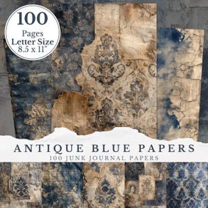 Carta da giornale antica blu shabby chic, carta digitale vintage stampabile, fogli per collage, journaling, scrapbooking, grunge invecchiato