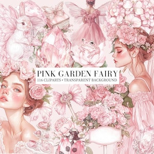 Bundle de cliparts jardin féerique aquarelle rose, clipart fées jardin printanier magique, fée enchantée personnages éléments de scrapbooking magique Png